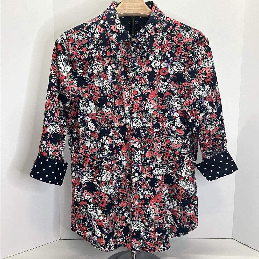 Chaps Womens Navy Blue Floral Contrast Trim Button Dn 3/4 Slv No Iron Shirt Sz M